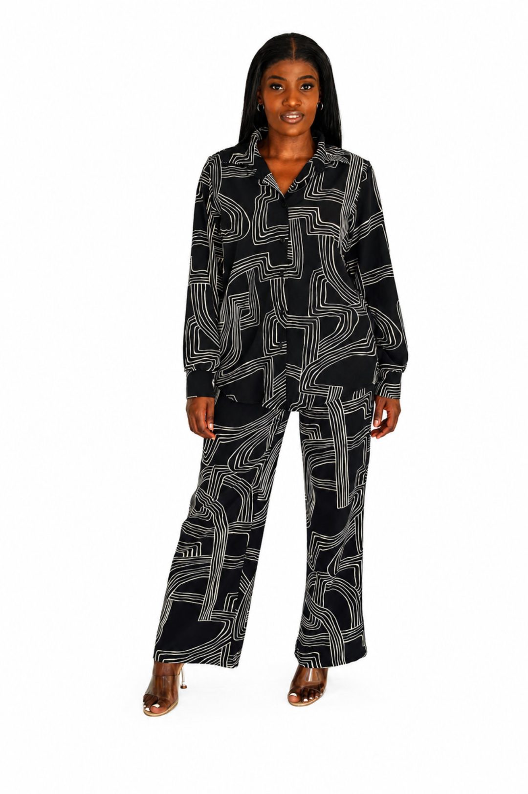 2 Piece Pants Set - Black/White Print
