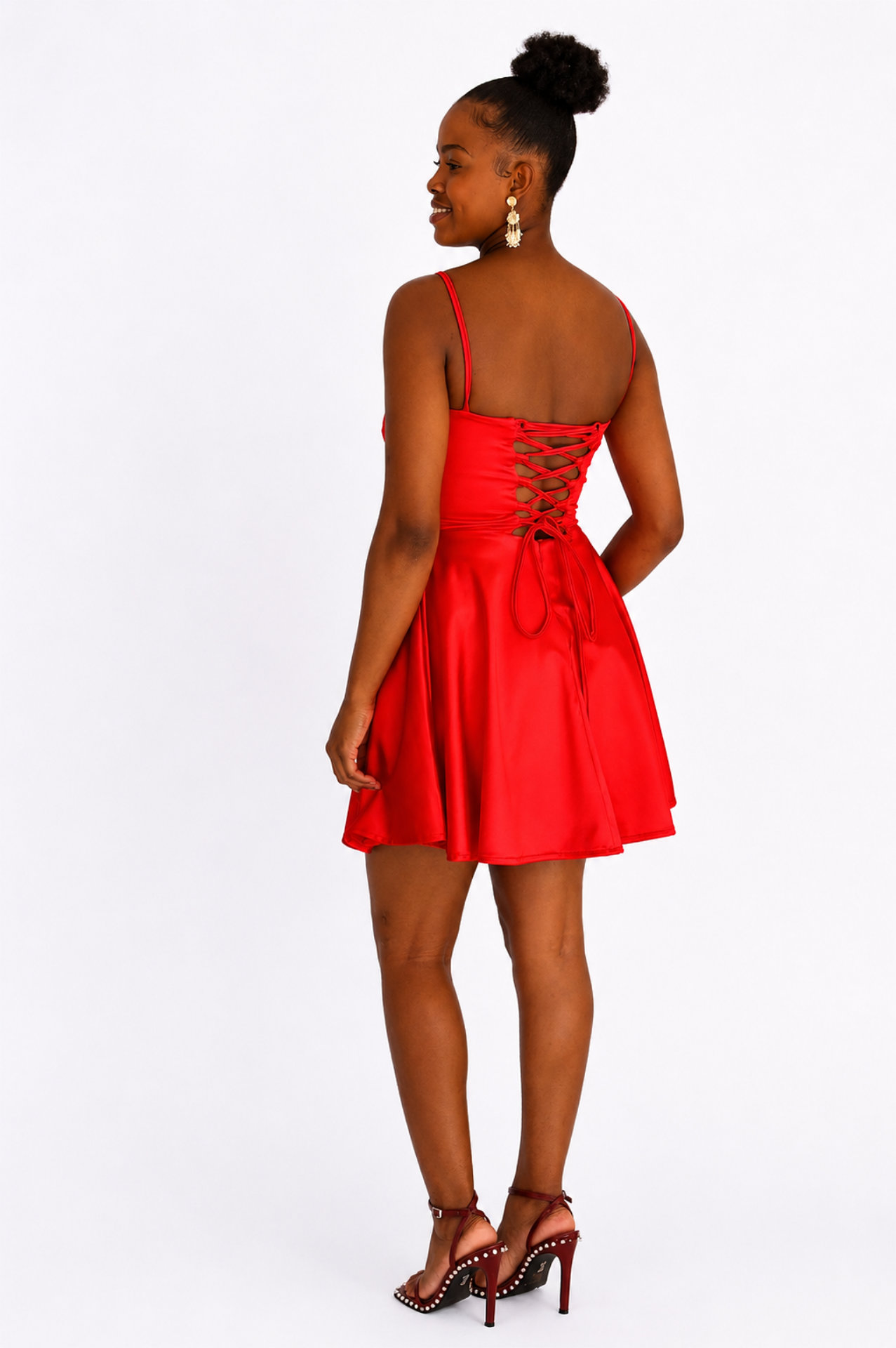 Bustier Front Dress With Flared Lined Skirt - Red - Image 2