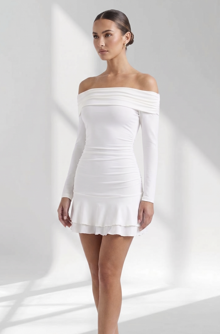 Off Shoulder Fold Over Band Dress - Ivory
